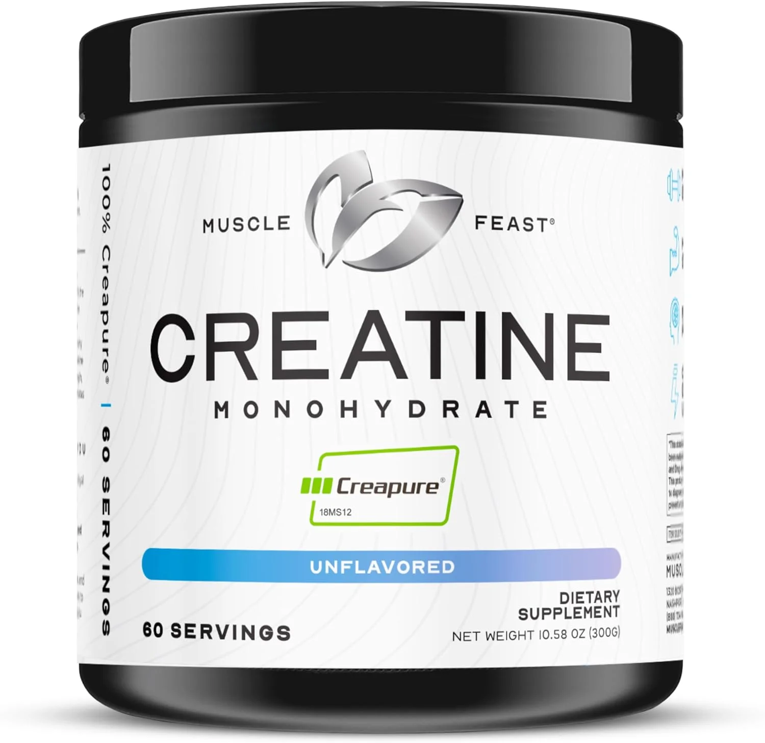 پودر کراتین مونوهیدرات Creapure Muscle Feast، وگان، سازگار با کتو، بدون گلوتن، افزایش دهنده حجم، مکمل ریکاوری عضلات و بهترین کراتین برای رشد عضلات، بدون طعم، 300 گرم