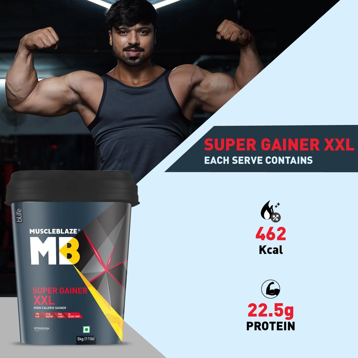 پودر افزایش وزن MuscleBlaze Super Gainer XXL، شکلاتی (50 سروینگ، 5 کیلوگرم) | 15 گرم پروتئین، 75 گرم کربوهیدرات در هر پیمانه | افزایش دهنده پروتئین با پروتئین بالا برای توده عضلانی