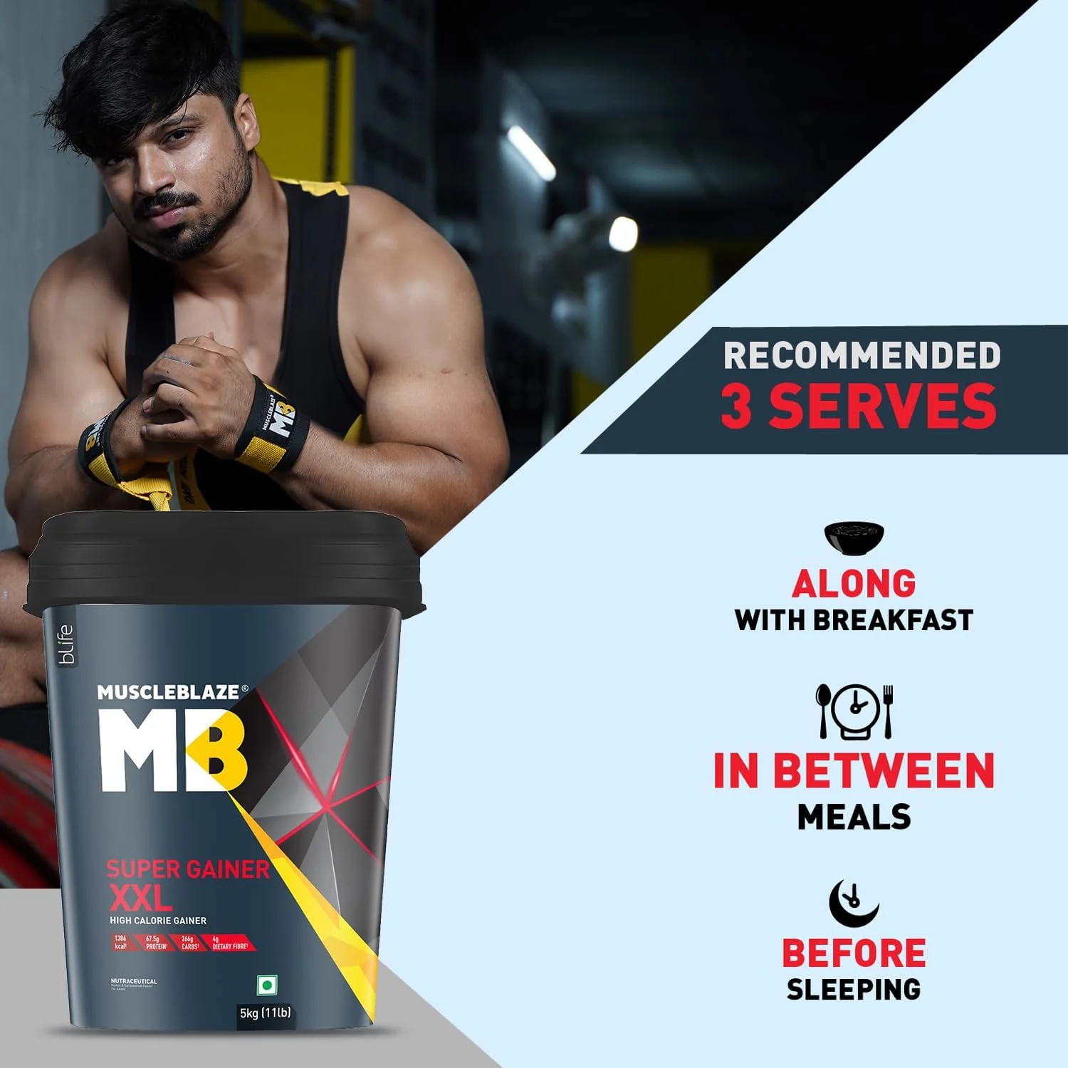 پودر افزایش وزن MuscleBlaze Super Gainer XXL، شکلاتی (50 سروینگ، 5 کیلوگرم) | 15 گرم پروتئین، 75 گرم کربوهیدرات در هر پیمانه | افزایش دهنده پروتئین با پروتئین بالا برای توده عضلانی