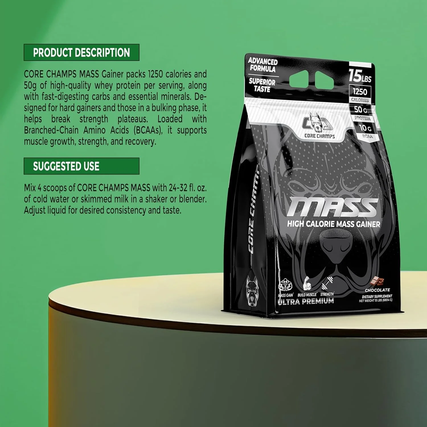 مکمل افزایش وزن CORE CHAMPS - 6.8 کیلوگرم شکلاتی | مخلوط پروتئین وی برای افزایش حجم و قدرت | 1250 کالری، 50 گرم پروتئین، فرمول غنی شده با BCAA | 1250 کالری | 50 گرم پروتئین | 10 گرم BCAA مکمل افزایش وزن CORE CHAMPS - 6.8 کیلوگرم شکلاتی | مخلوط پروتئین وی برای افزایش حجم و قدرت | 1250 کالری، 50 گرم پروتئین، فرمول غنی شده با BCAA | 1250 کالری | 50 گرم پروتئین | 10 گرم BCAA