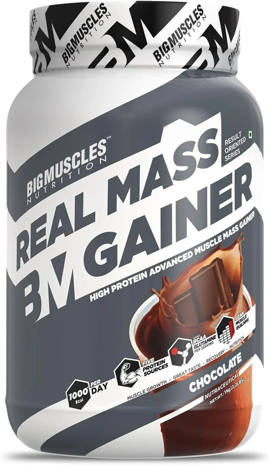 مکمل افزایش وزن بیگ ماسلز نوتریشن مدل Real Mass Gainer [۱ کیلوگرم، شکلاتی] | پروتئین وی بدون چربی برای افزایش حجم عضلات | کربوهیدرات های پیچیده | ۱۰۰۰ کالری | کاهش تجزیه عضلات | افزایش متابولیسم