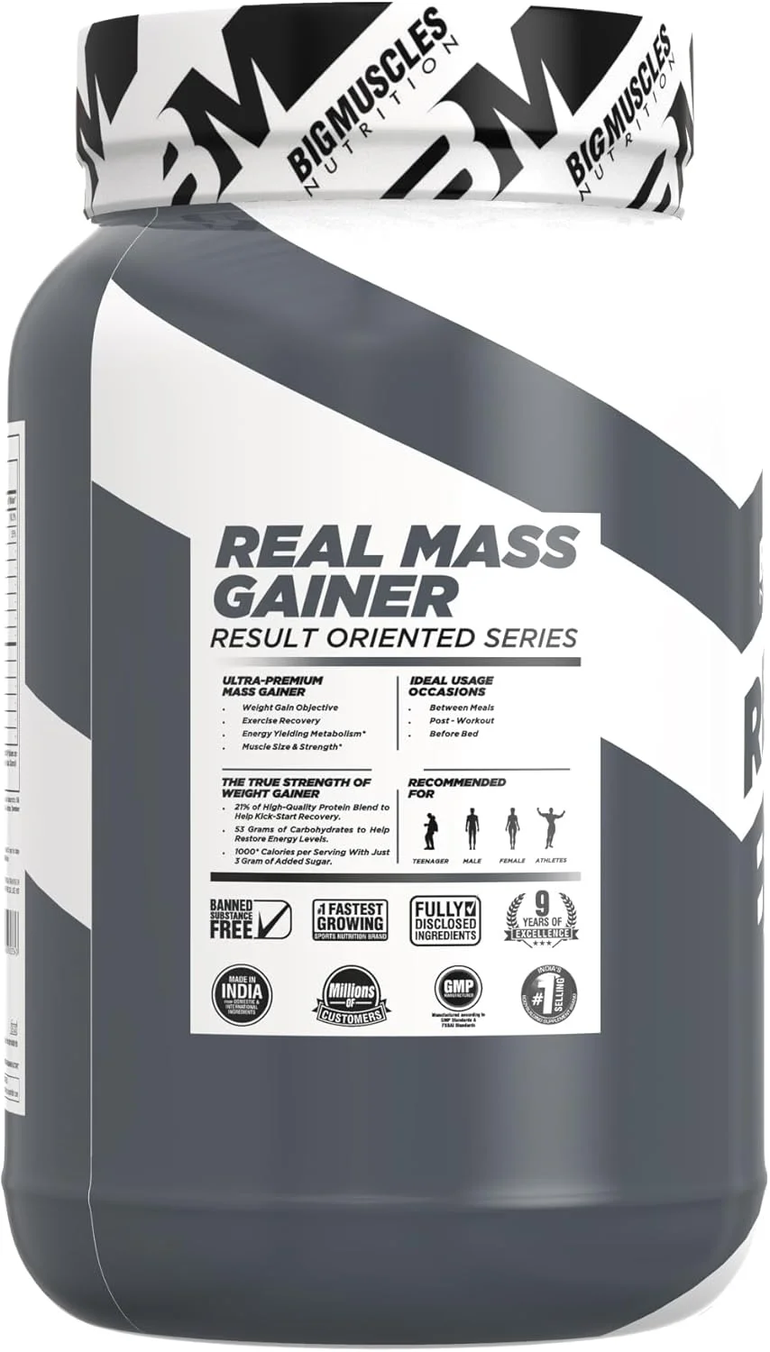 مکمل افزایش وزن بیگ ماسلز نوتریشن مدل Real Mass Gainer [۱ کیلوگرم، شکلاتی] | پروتئین وی بدون چربی برای افزایش حجم عضلات | کربوهیدرات های پیچیده | ۱۰۰۰ کالری | کاهش تجزیه عضلات | افزایش متابولیسم