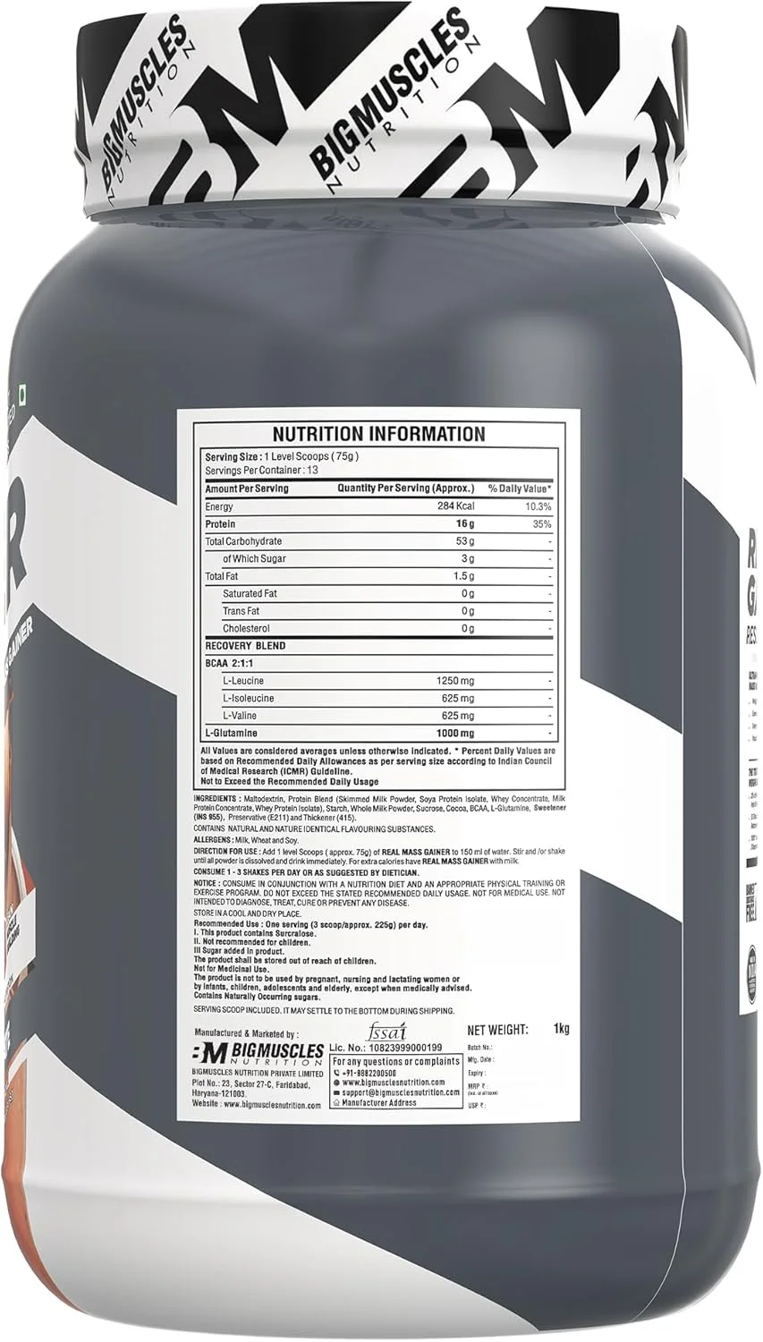 مکمل افزایش وزن بیگ ماسلز نوتریشن مدل Real Mass Gainer [۱ کیلوگرم، شکلاتی] | پروتئین وی بدون چربی برای افزایش حجم عضلات | کربوهیدرات های پیچیده | ۱۰۰۰ کالری | کاهش تجزیه عضلات | افزایش متابولیسم