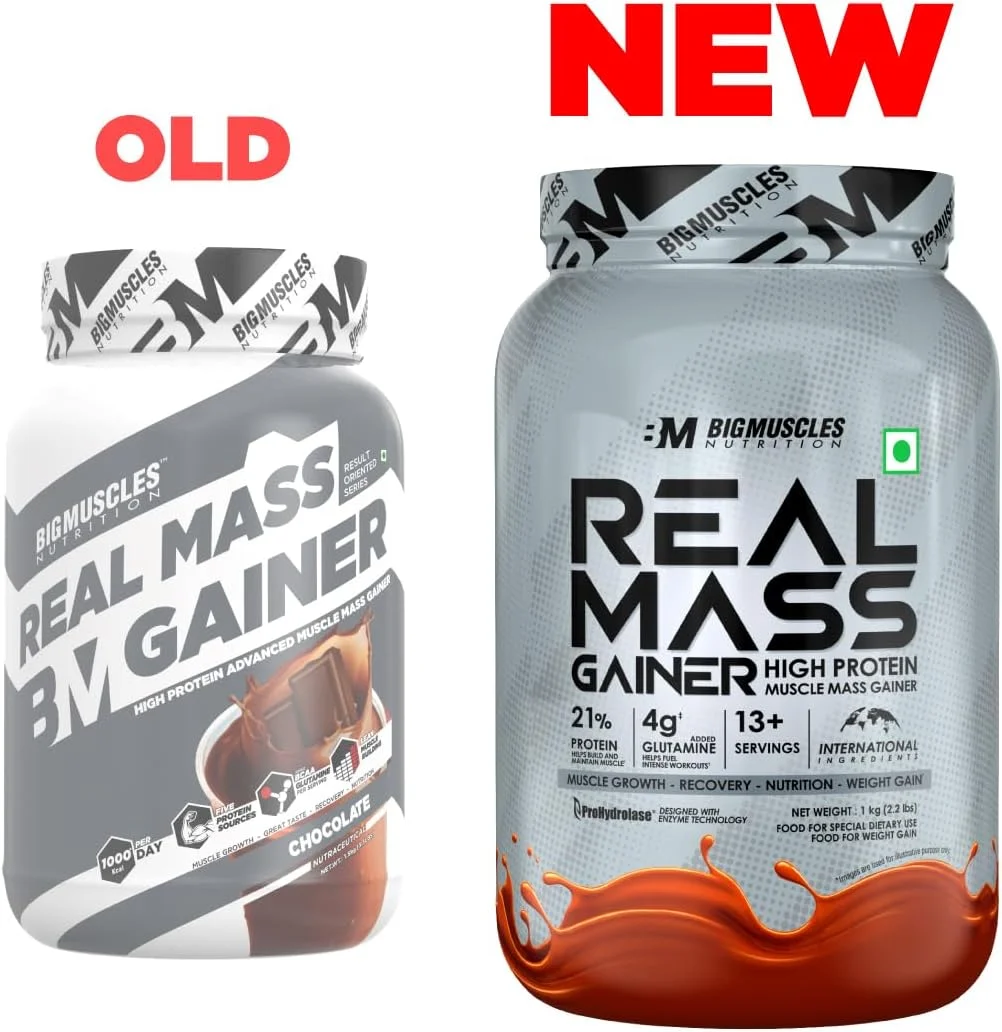 مکمل افزایش وزن بیگ ماسلز نوتریشن مدل Real Mass Gainer [۱ کیلوگرم، شکلاتی] | پروتئین وی بدون چربی برای افزایش حجم عضلات | کربوهیدرات های پیچیده | ۱۰۰۰ کالری | کاهش تجزیه عضلات | افزایش متابولیسم