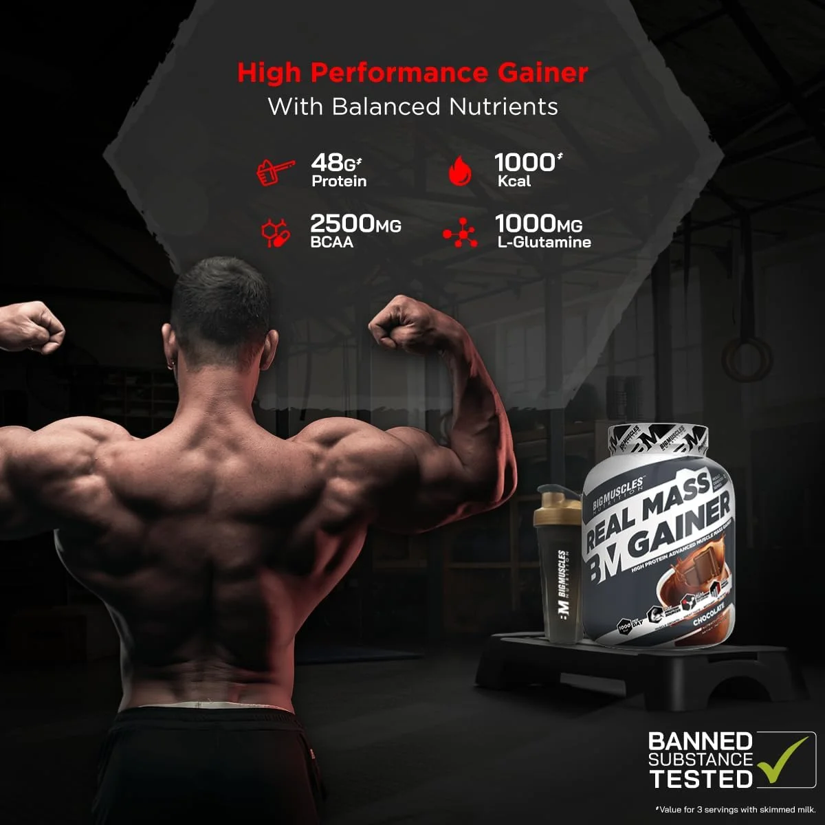 مکمل افزایش وزن بیگ ماسلز نوتریشن مدل Real Mass Gainer [۱ کیلوگرم، شکلاتی] | پروتئین وی بدون چربی برای افزایش حجم عضلات | کربوهیدرات های پیچیده | ۱۰۰۰ کالری | کاهش تجزیه عضلات | افزایش متابولیسم