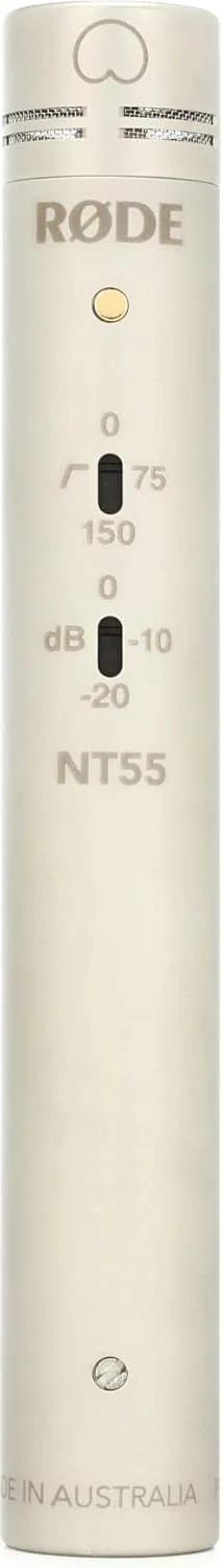 میکروفون کاندنسر دیافراگم کوچک ½ اینچی RØDE NT55 با الگوی قطبی قابل تنظیم (کاردیوید و اومنی)، پد و فیلتر بالاگذر برای تولید موسیقی و ضبط ساز