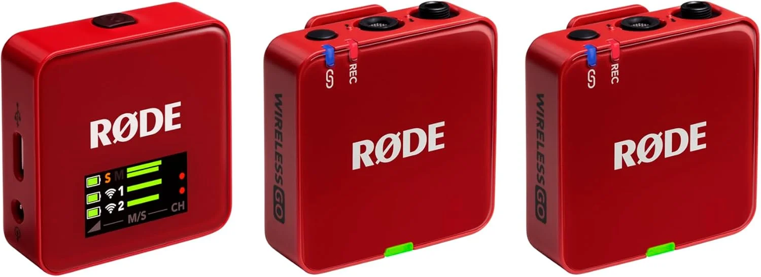 میکروفون بی‌سیم جمع و جور RØDE Wireless GO (نسل 3) – صدای شفاف، ضبط 32 بیتی شناور، کنترل سطح خودکار، برای تلفن‌ها، دوربین‌ها و کامپیوترها (قرمز)