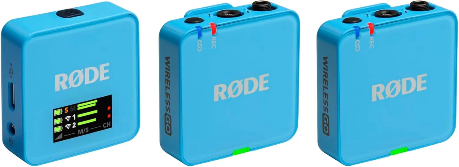 میکروفون بی‌سیم جمع و جور RØDE Wireless GO (نسل 3) – صدای شفاف، ضبط 32 بیتی شناور، کنترل سطح خودکار، برای تلفن‌ها، دوربین‌ها و کامپیوترها (آبی)