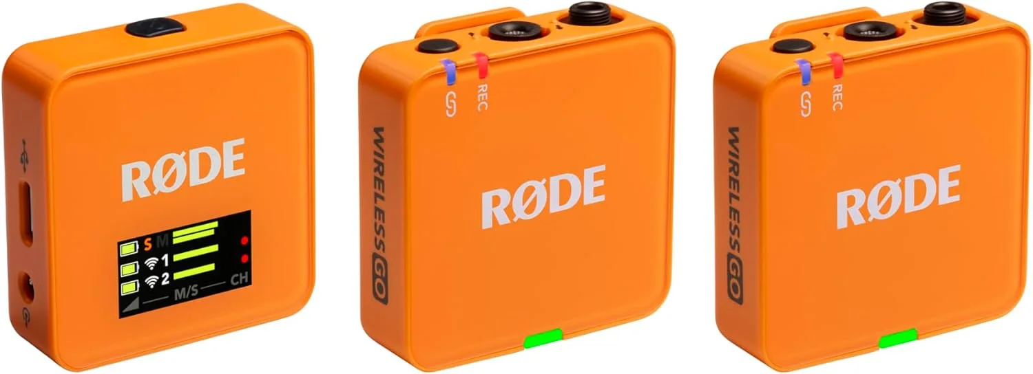 میکروفون بی‌سیم جمع و جور RØDE Wireless GO (نسل 3) – صدای شفاف، ضبط 32 بیتی شناور، کنترل سطح خودکار، برای تلفن‌ها، دوربین‌ها و کامپیوترها (نارنجی)