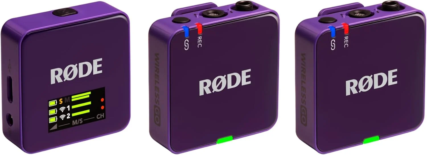 میکروفون بی‌سیم جمع و جور RØDE Wireless GO (نسل 3) – صدای شفاف، ضبط 32 بیتی شناور، کنترل سطح خودکار، برای تلفن‌ها، دوربین‌ها و کامپیوترها (بنفش)