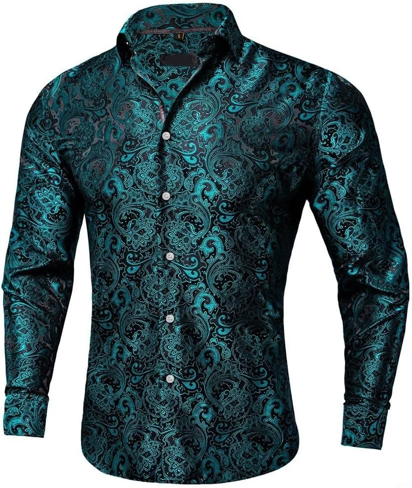 پیراهن مردانه ابریشمی آستین بلند طرحدار مجلسی مدل تاکسیدو (آبی طاووسی M) پیراهن مردانه ابریشمی آستین بلند طرحدار مجلسی مدل تاکسیدو (آبی طاووسی M)
