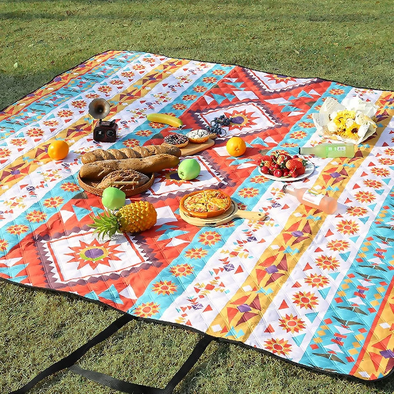 زیرانداز پیک نیک ضد آب 200x200 سانتی متر [حصیر ساحلی تاشو و ضد شن] با دسته حمل، زیرانداز بیرونی قابل شستشو برای کمپینگ، پارک، باغ، ساحل