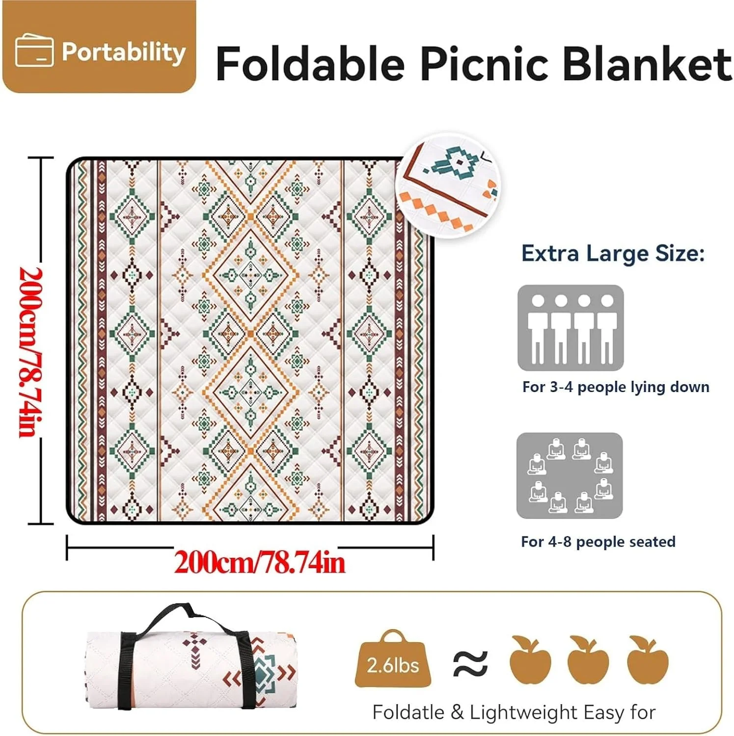 Picnic Blanket, Large Beach Blanket Outdoor Picnic Mat, Waterproof Foldable Blankets with Carrying Handle for Beach, Camping, Grass Lawn, Hiking, Park, 200x200CM Picnic Blanket, Large Beach Blanket Outdoor Picnic Mat, Waterproof Foldable Blankets with Carrying Handle for Beach, Camping, Grass Lawn, Hiking, Park, 200x200CM
