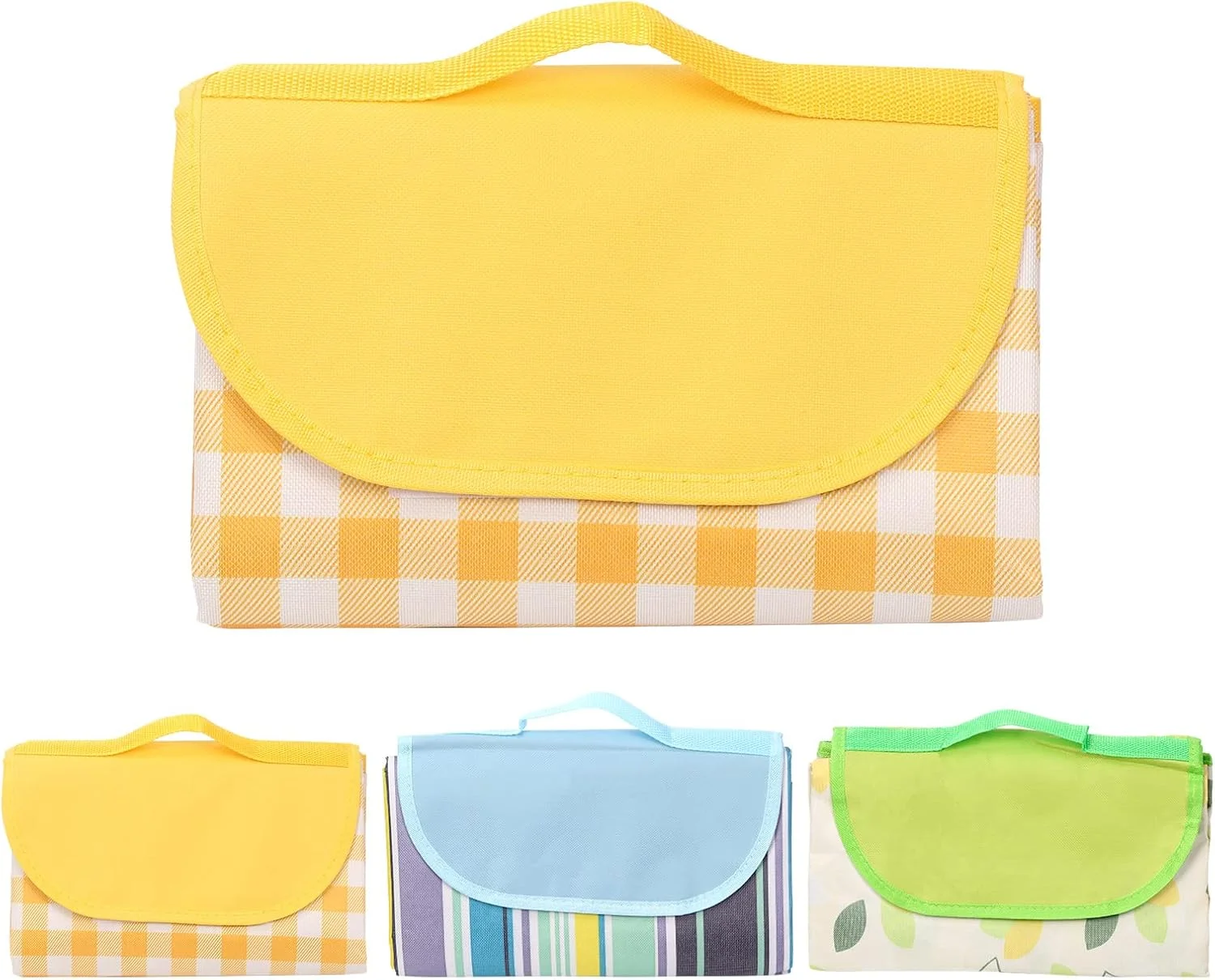 Tanstic 1Pc Outdoor Picnic Blanket, 79" x 79" Picnic Mat, Extra Large Waterproof Foldable Beach Blanket Handy Mat Sand Mat Beach Mat with Carry Strap for Beach Camping Park (Yellow & White Lattice)