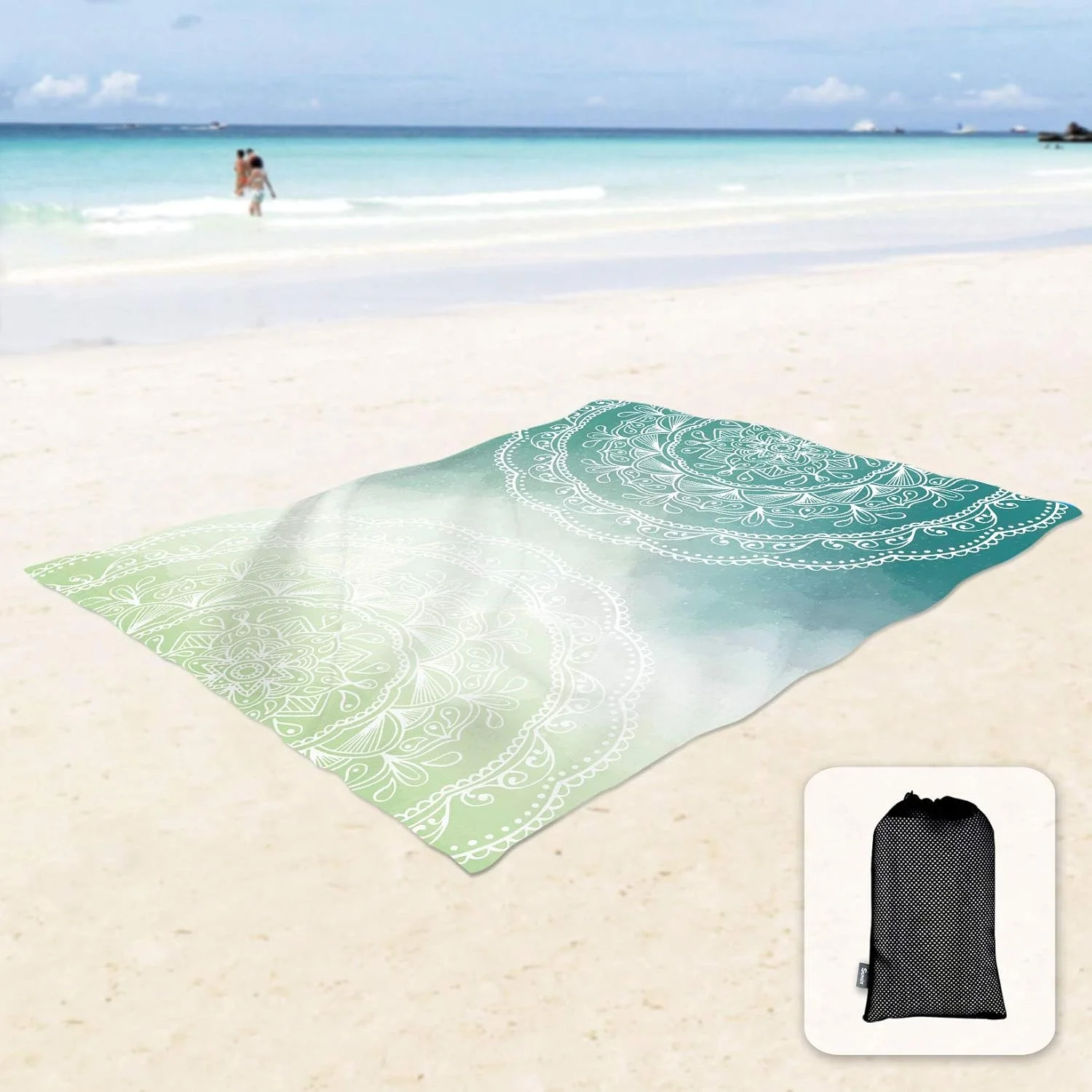 پتو ساحلی ضد شن نرم و ابریشمی Sunlit، سایز 85"x72"، زیرانداز ضد شن با جیب های گوشه و کیف توری برای مهمانی ساحلی، مسافرت، کمپینگ و جشنواره موسیقی در فضای باز، طرح ماندالا سبز تیفانی