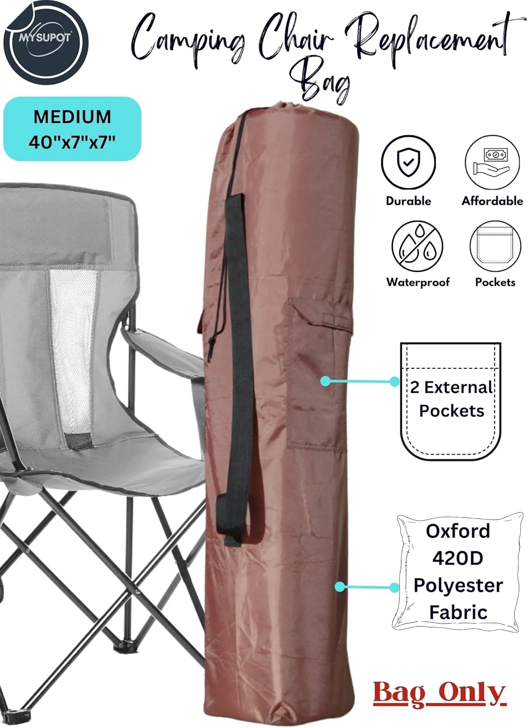 کیف جایگزین صندلی تاشو کمپینگ MYSUPOT، 101x17x17 سانتی متر (قهوه ای، متوسط)، مناسب برای صندلی های کمپینگ، چادر، زیرانداز یوگا، صندلی ساحلی، چتر، ساخته شده از پارچه آکسفورد پلی استر 420D با جیب های جانبی