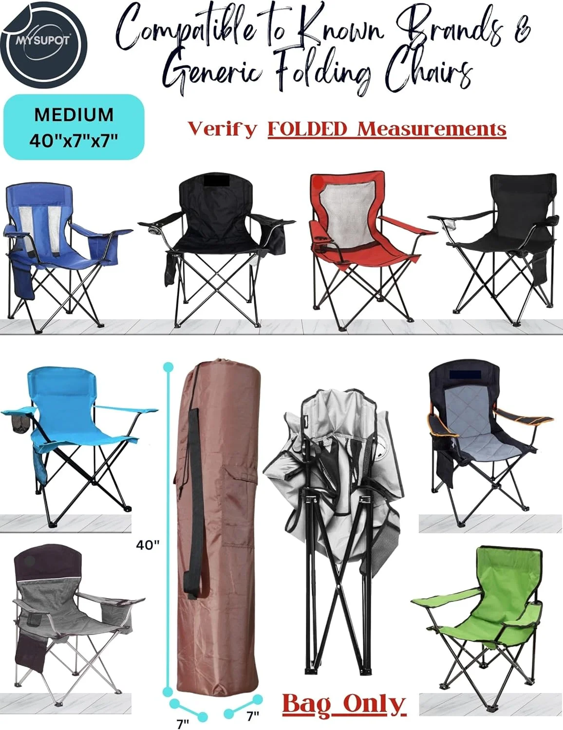 کیف جایگزین صندلی تاشو کمپینگ MYSUPOT، 101x17x17 سانتی متر (قهوه ای، متوسط)، مناسب برای صندلی های کمپینگ، چادر، زیرانداز یوگا، صندلی ساحلی، چتر، ساخته شده از پارچه آکسفورد پلی استر 420D با جیب های جانبی