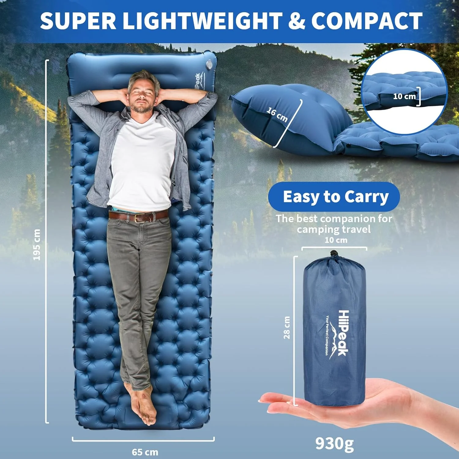 HiiPeak Camping Mat – Ultralight Inflatable Mattress with Built-in Cushions, Foot Pump – Compact Waterproof Camping Mat for Outdoors (Blue)