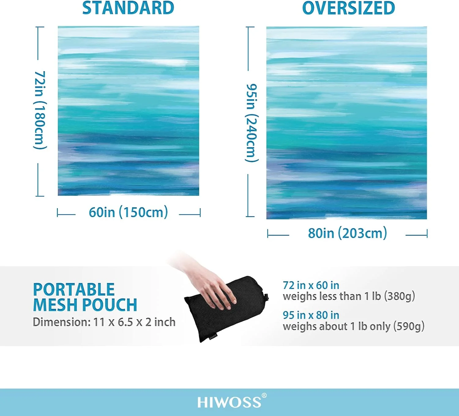 Hiwoss Beach Blanket Waterproof Sandproof Oversized 95”x 80”,Sand Free Beach Mat with Corner Pockets,Portable Mesh Bag for Beach Festival,Picnic,Travel and Outdoor Camping (DreamSea)