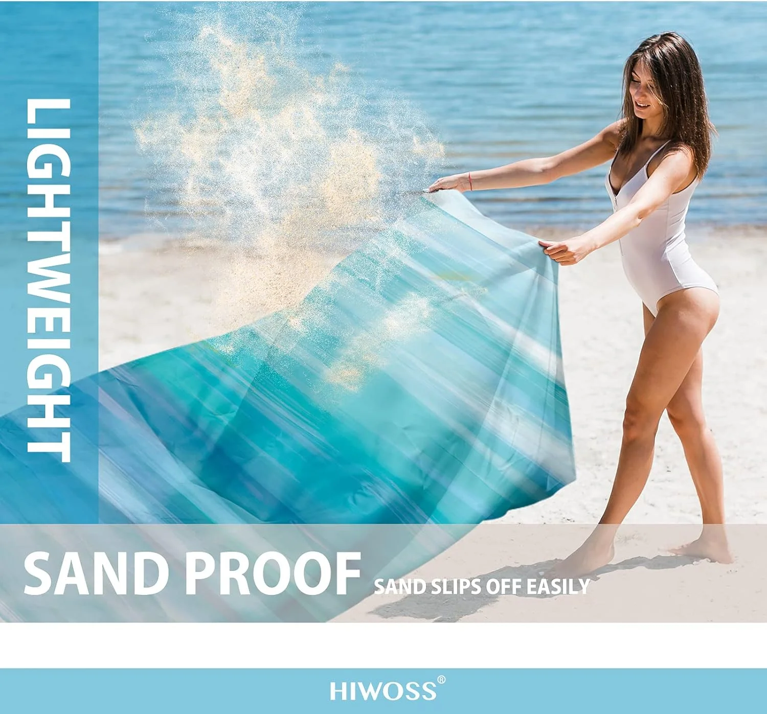 Hiwoss Beach Blanket Waterproof Sandproof Oversized 95”x 80”,Sand Free Beach Mat with Corner Pockets,Portable Mesh Bag for Beach Festival,Picnic,Travel and Outdoor Camping (DreamSea)