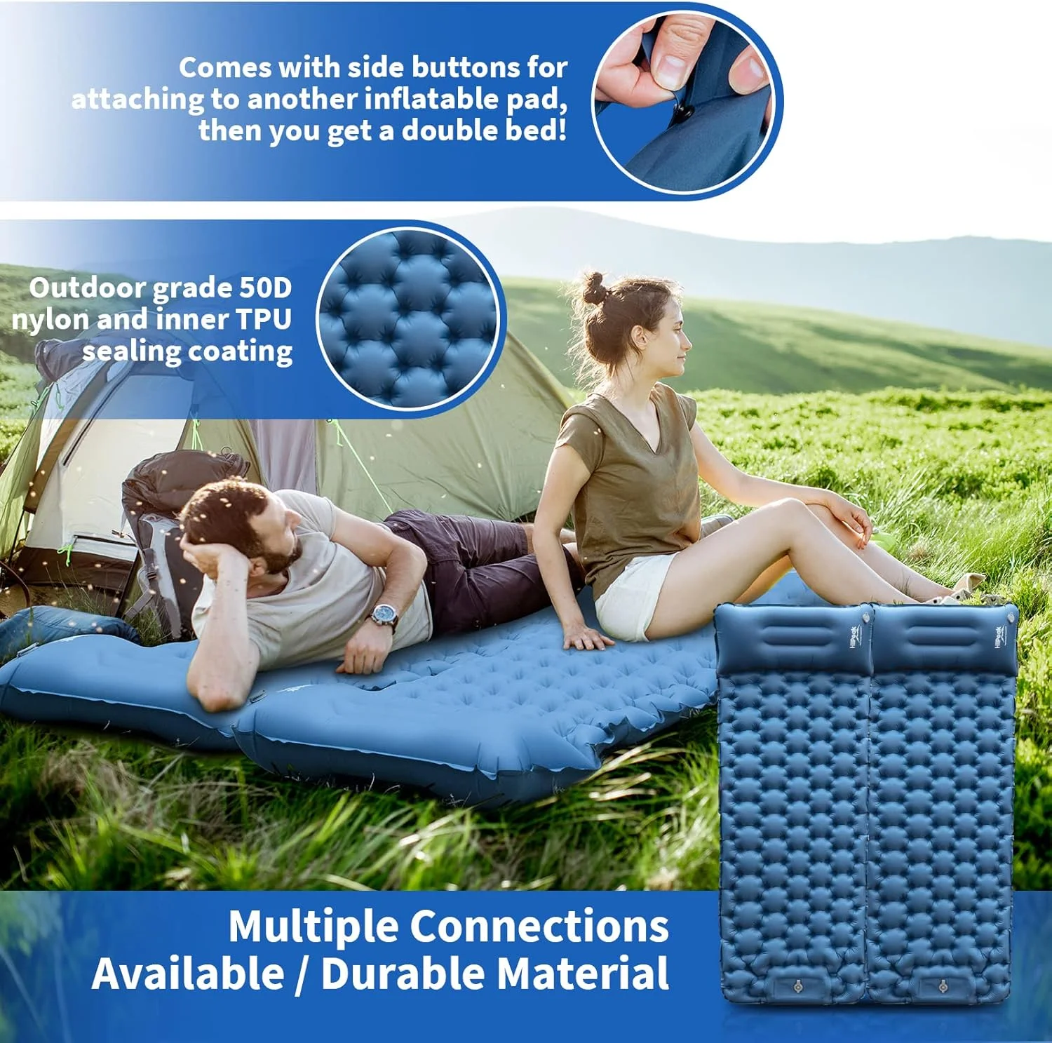 HiiPeak Camping Mat – Ultralight Inflatable Mattress with Built-in Cushions, Foot Pump – Compact Waterproof Camping Mat for Outdoors (Blue)