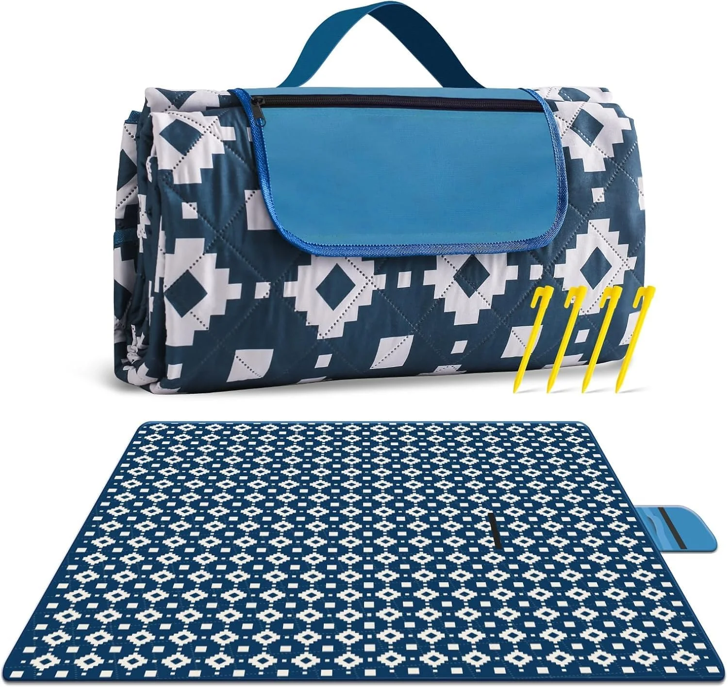 زیرانداز پیک نیک ضد آب EERKEOD، 200 x 200 سانتی متر، زیرانداز کمپینگ بزرگ سه لایه برای کمپینگ، زیرانداز پیک نیک تاشو قابل حمل برای مسافرت و پیاده روی (آبی)