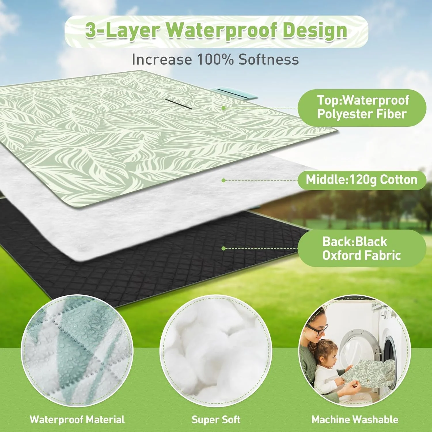 زیرانداز پیک نیک ضد آب EERKEOD، 200 در 200 سانتی متر، زیرانداز کمپینگ بزرگ سه لایه برای کمپینگ، زیرانداز پیک نیک تاشو، زیرانداز ساحلی قابل حمل برای مسافرت و پیاده روی (برگ سبز)