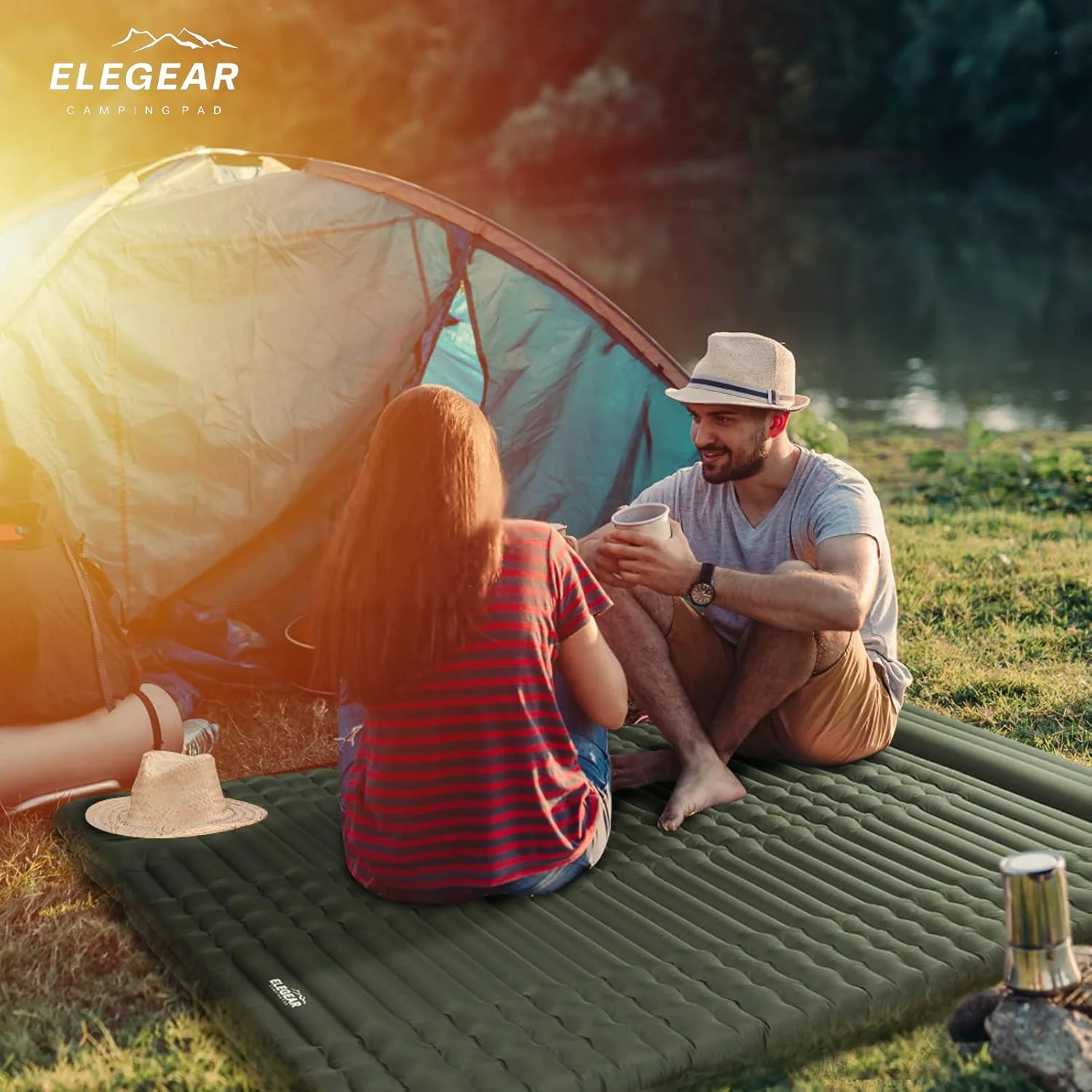 تشک بادی دو نفره Elegear برای کمپینگ، تشک کمپینگ خود باد شونده فوق العاده ضخیم 4 اینچی، تشک خواب کمپینگ دو نفره با پمپ پایی داخلی و بالش برای کوله گردی، پیاده روی، تشک کمپینگ قابل حمل