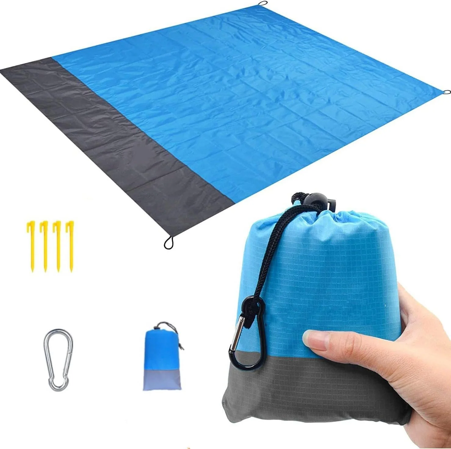 Large Sand Free Beach Mat, Camping Mat, Water Resistant Picnic Blanket, 210x200cm, Foldable, with Carry Bag, 4 Stakes, Hook, For Outdoor Activities (blue gray)