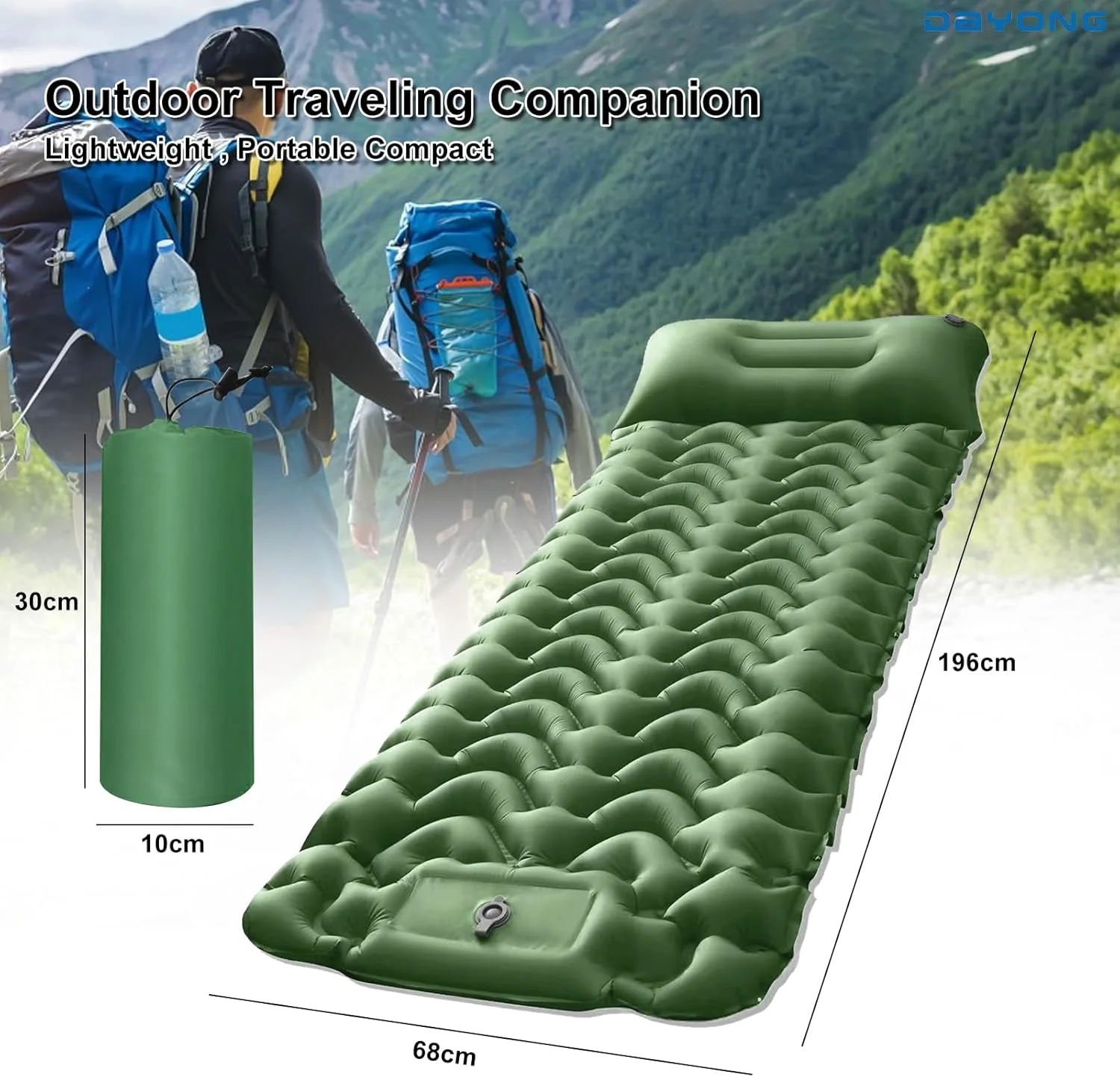 تشک بادی کمپینگ DAYONG، تشک خواب بادی ضخیم با بالش، تشک بادی مسافرتی تک نفره، سبک وزن، ضد آب برای کوله گردی، پیاده روی، چادر، مسافرت (سبز)