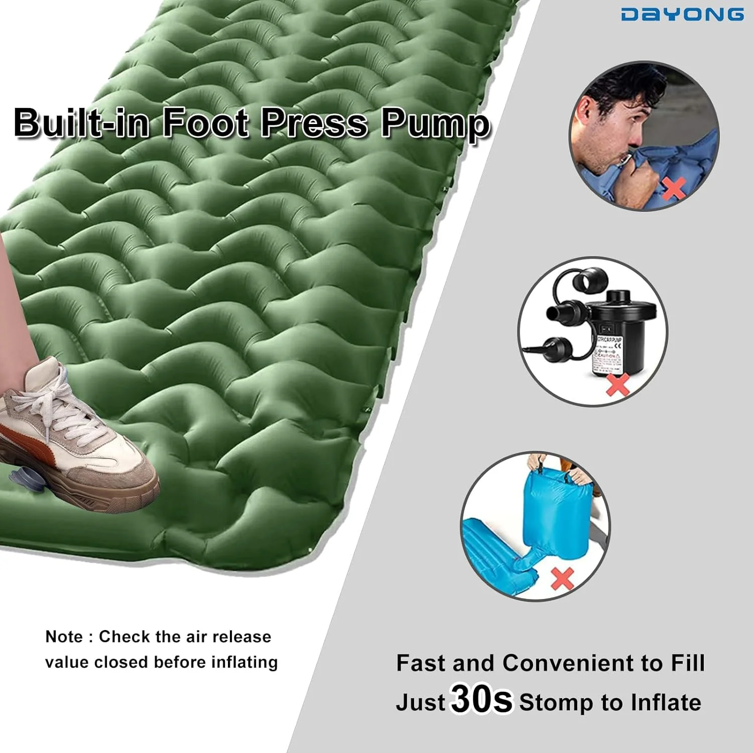تشک بادی کمپینگ DAYONG، تشک خواب بادی ضخیم با بالش، تشک بادی مسافرتی تک نفره، سبک وزن، ضد آب برای کوله گردی، پیاده روی، چادر، مسافرت (سبز)