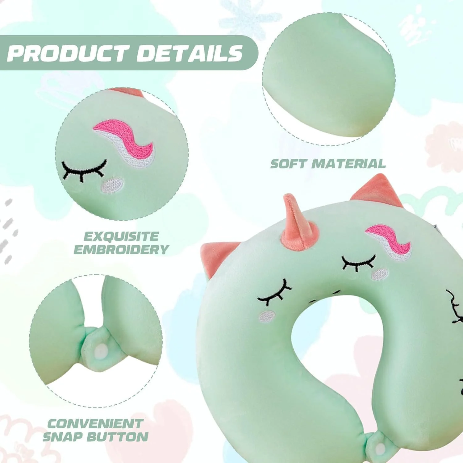 Memory Foam Travel Pillow, Cartoon Unicorn Neck Support U-Shaped Pillow with Removable Cover, Ideal for Kids & Adults on Airplanes, Cars, Camping