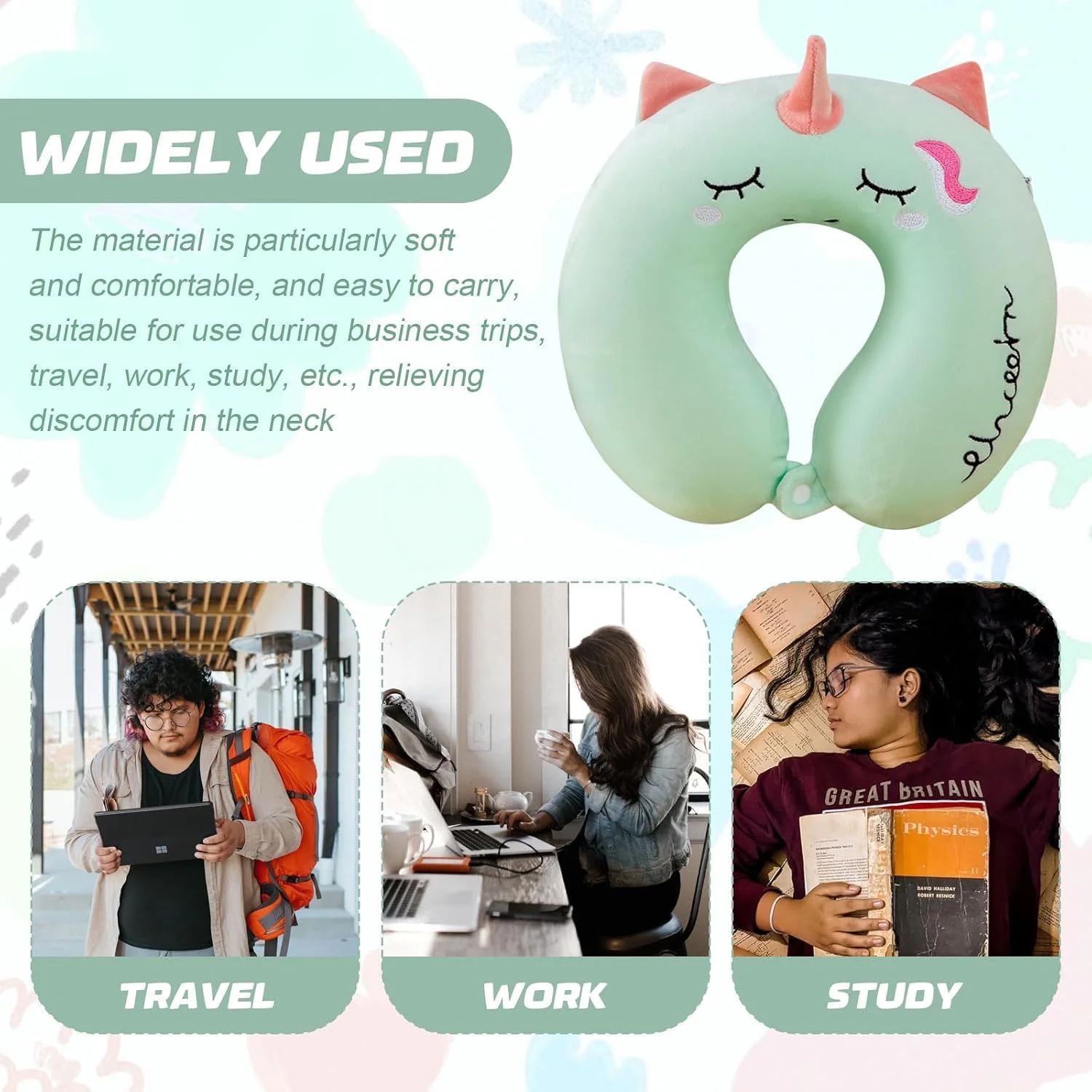 Memory Foam Travel Pillow, Cartoon Unicorn Neck Support U-Shaped Pillow with Removable Cover, Ideal for Kids & Adults on Airplanes, Cars, Camping