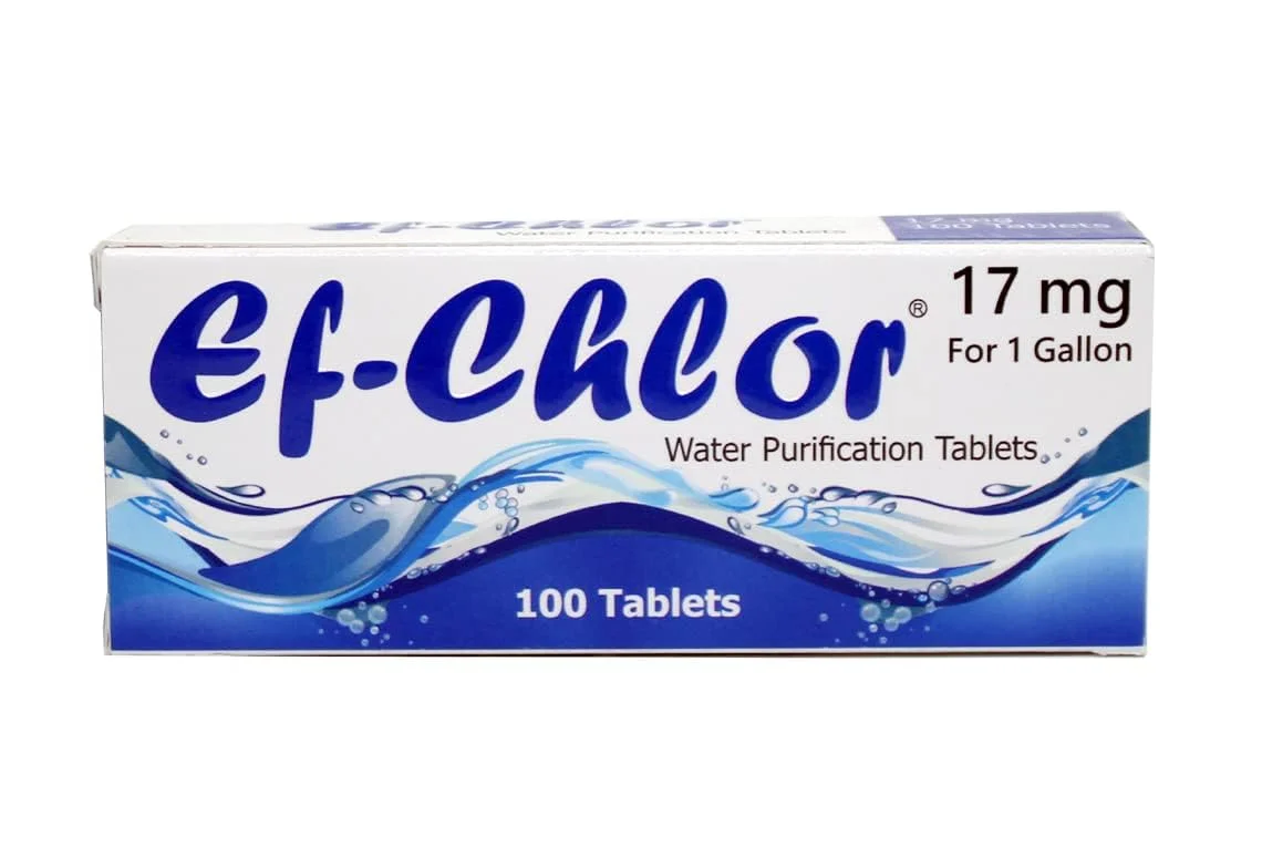 قرص های تصفیه آب Ef-Chlor 17mg (100 عدد) - تصفیه موثر آب برای 3-4 لیتر، ایده آل برای کمپینگ، پیاده روی، کوله گردی، مسافرت، بقا، آمادگی در شرایط اضطراری و اکتشاف در فضای باز