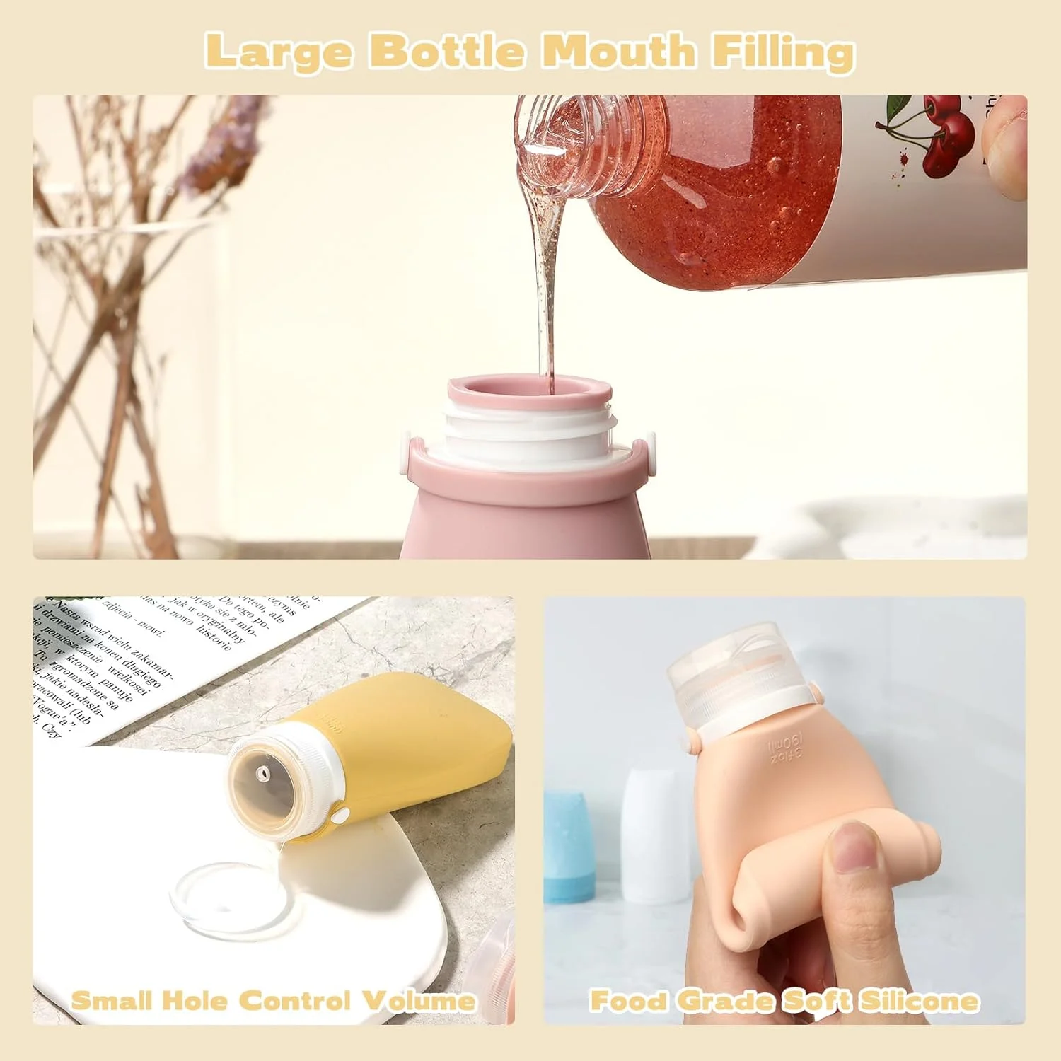 ست 4 عددی بطری مسافرتی سیلیکونی MYCOQU، 90 میلی لیتری، دارای بند ضد نشت، لوازم جانبی مسافرتی مورد تایید TSA با کیف نگهداری، ست ظروف قابل فشردن و پر کردن مجدد بدون BPA برای شامپو، لوسیون، شستشوی بدن (زرد)