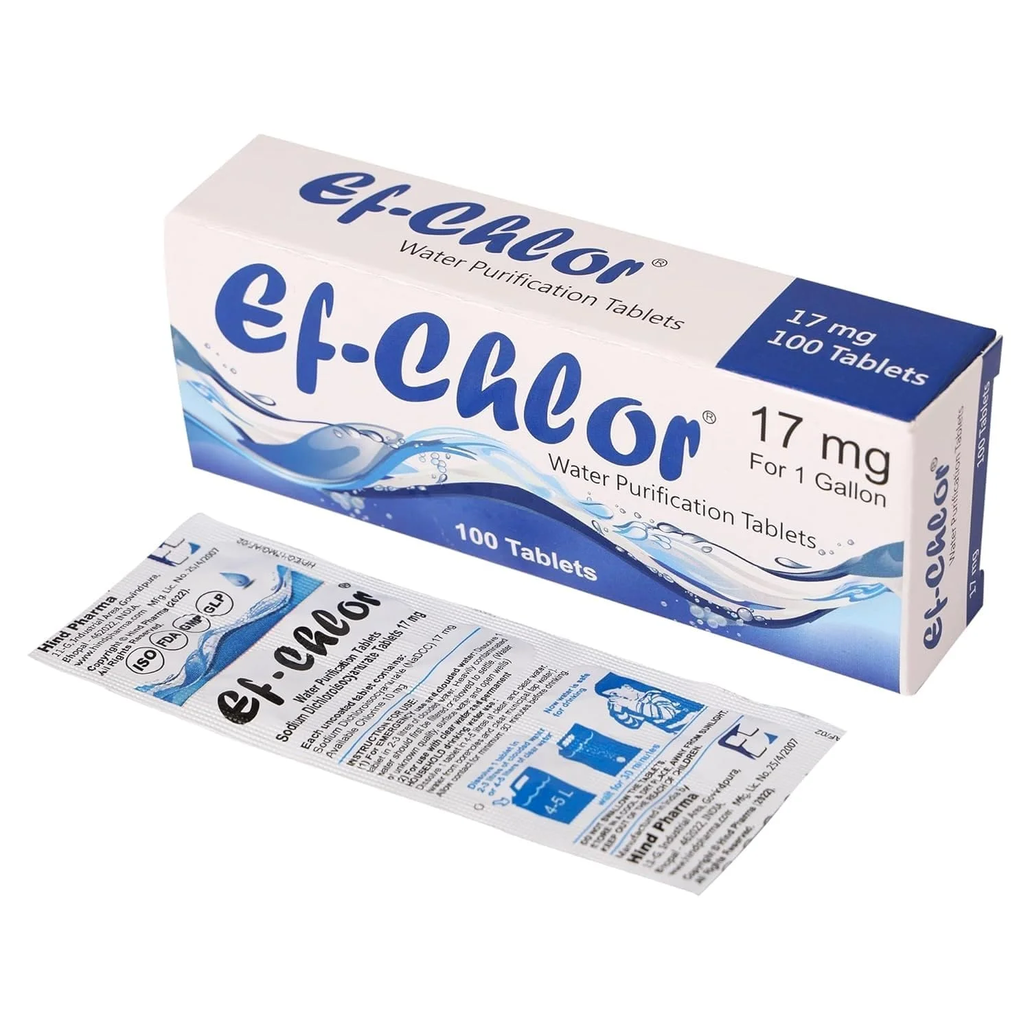 قرص های تصفیه آب Ef-Chlor 17mg (100 عدد) - تصفیه موثر آب برای 3-4 لیتر، ایده آل برای کمپینگ، پیاده روی، کوله گردی، مسافرت، بقا، آمادگی در شرایط اضطراری و اکتشاف در فضای باز