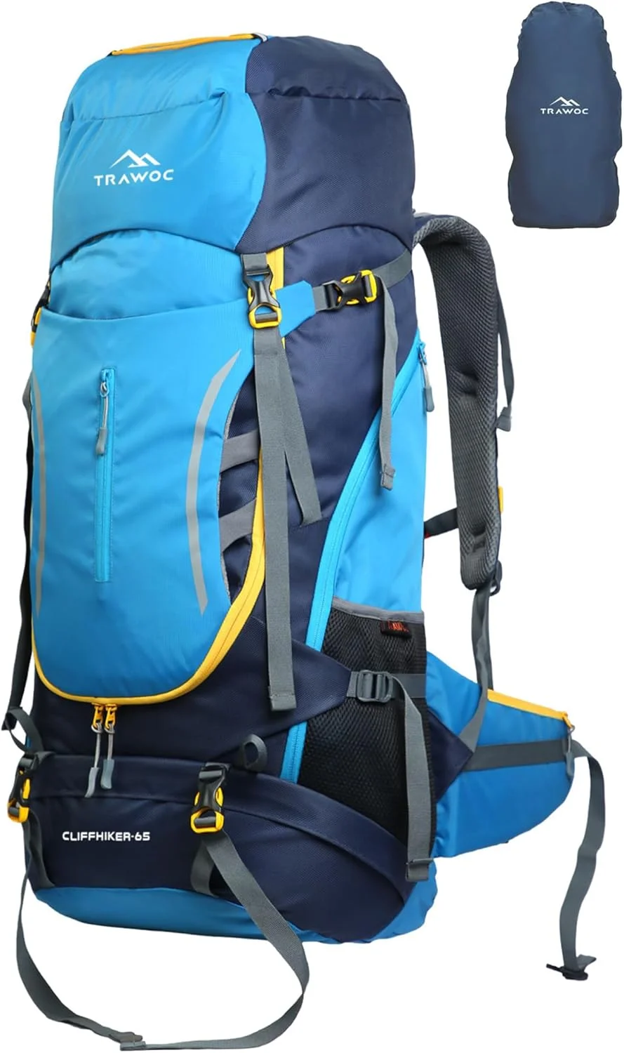 کوله پشتی کوهنوردی TRAWOC CLIFFHIKER با فریم داخلی 65 لیتری، مناسب برای پیاده روی، کمپینگ، مسافرت، کوله پشتی بارگیری از جلو و بالا، مناسب برای مردان و زنان، دارای محفظه لپ تاپ/ کاور باران/ محفظه کفش، مدل HK010