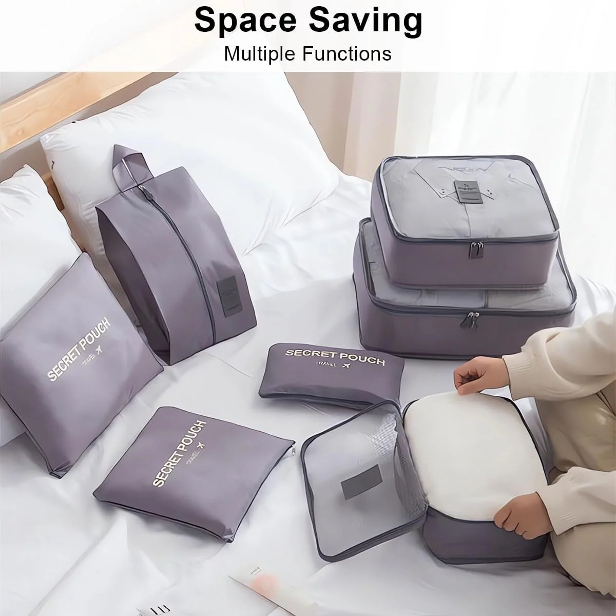 مجموعه 7 عددی کیف نظم دهنده چمدان، سازمان دهنده مسافرتی در سایزهای مختلف برای چمدان، خاکستری، صرفه جویی در فضا، لوازم جانبی ضد آب مسافرتی، کیف های ذخیره سازی چند منظوره برای لباس، کفش و لوازم آرایشی
