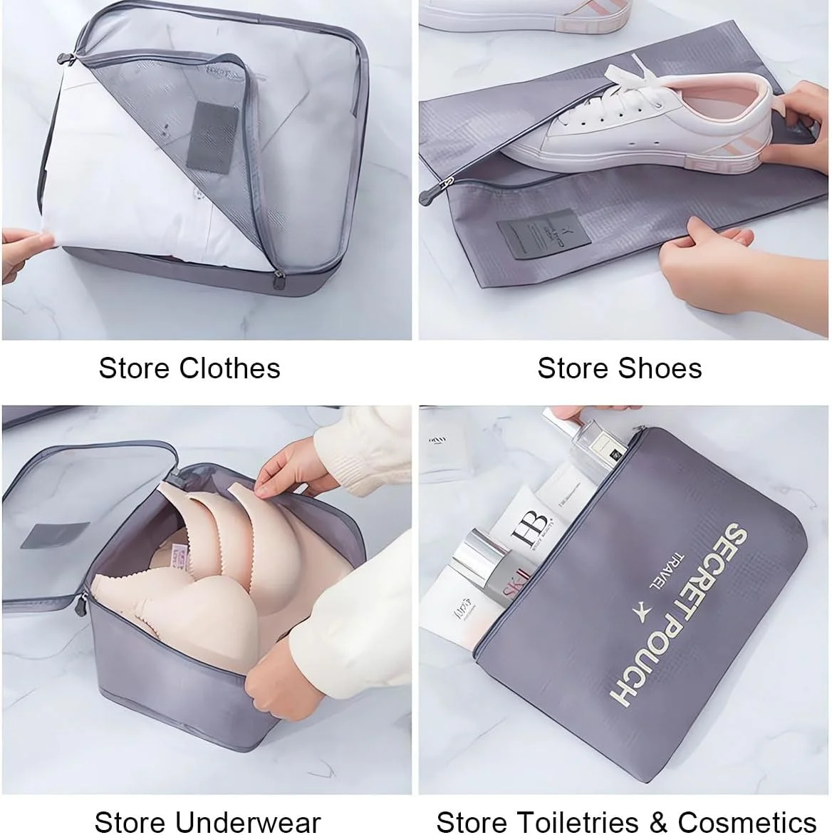 مجموعه 7 عددی کیف نظم دهنده چمدان، سازمان دهنده مسافرتی در سایزهای مختلف برای چمدان، خاکستری، صرفه جویی در فضا، لوازم جانبی ضد آب مسافرتی، کیف های ذخیره سازی چند منظوره برای لباس، کفش و لوازم آرایشی