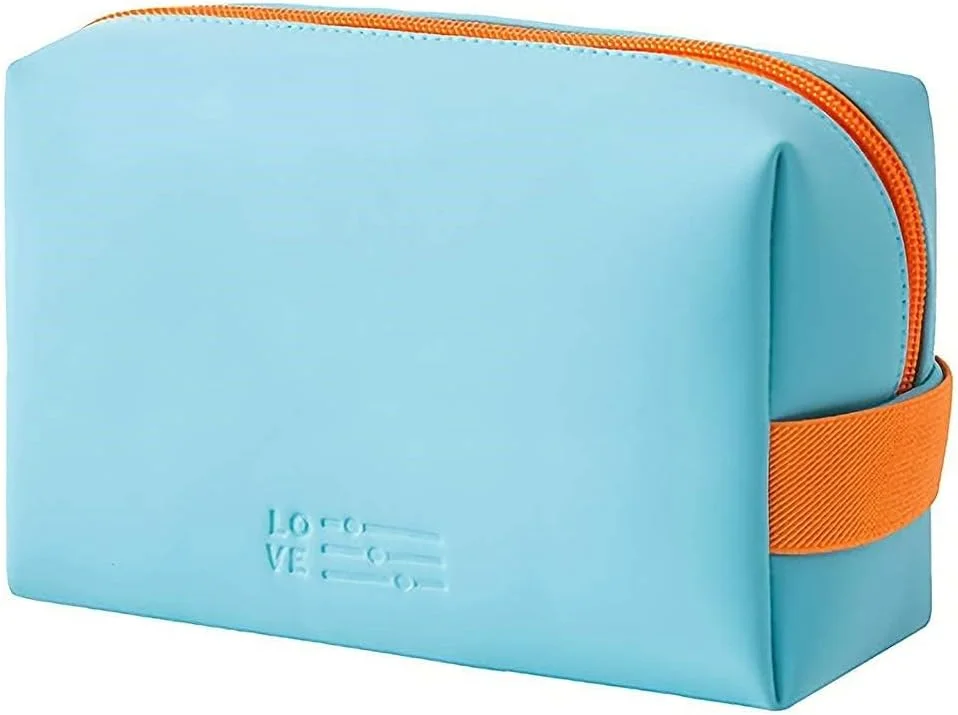 Defsedar Women's Travel Cosmetic Bag, PU Leather Waterproof Makeup Organizer with Zipper, Washable Toiletry Bag for Purse, Beauty Accessories Storage (Blue)