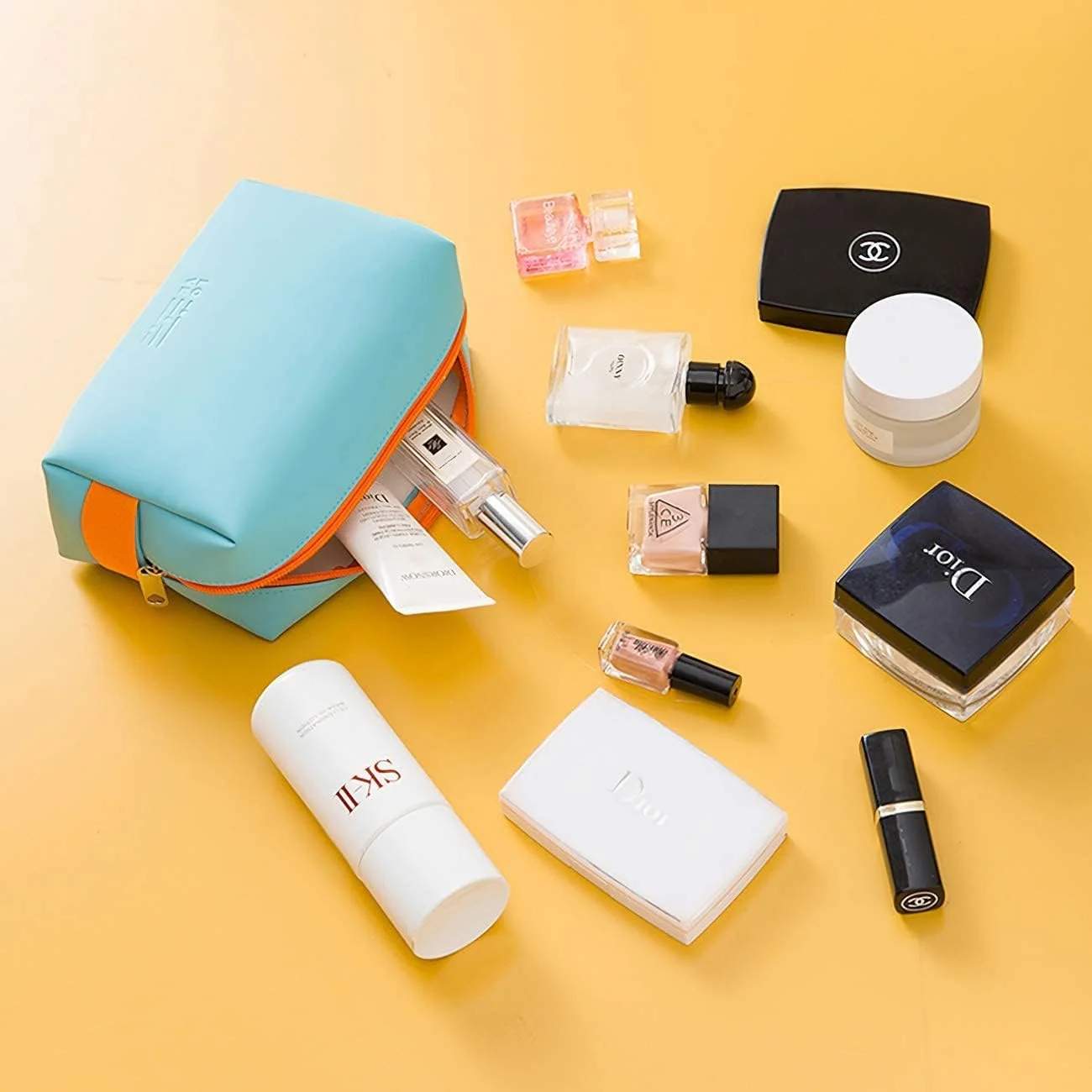 Defsedar Women's Travel Cosmetic Bag, PU Leather Waterproof Makeup Organizer with Zipper, Washable Toiletry Bag for Purse, Beauty Accessories Storage (Blue)