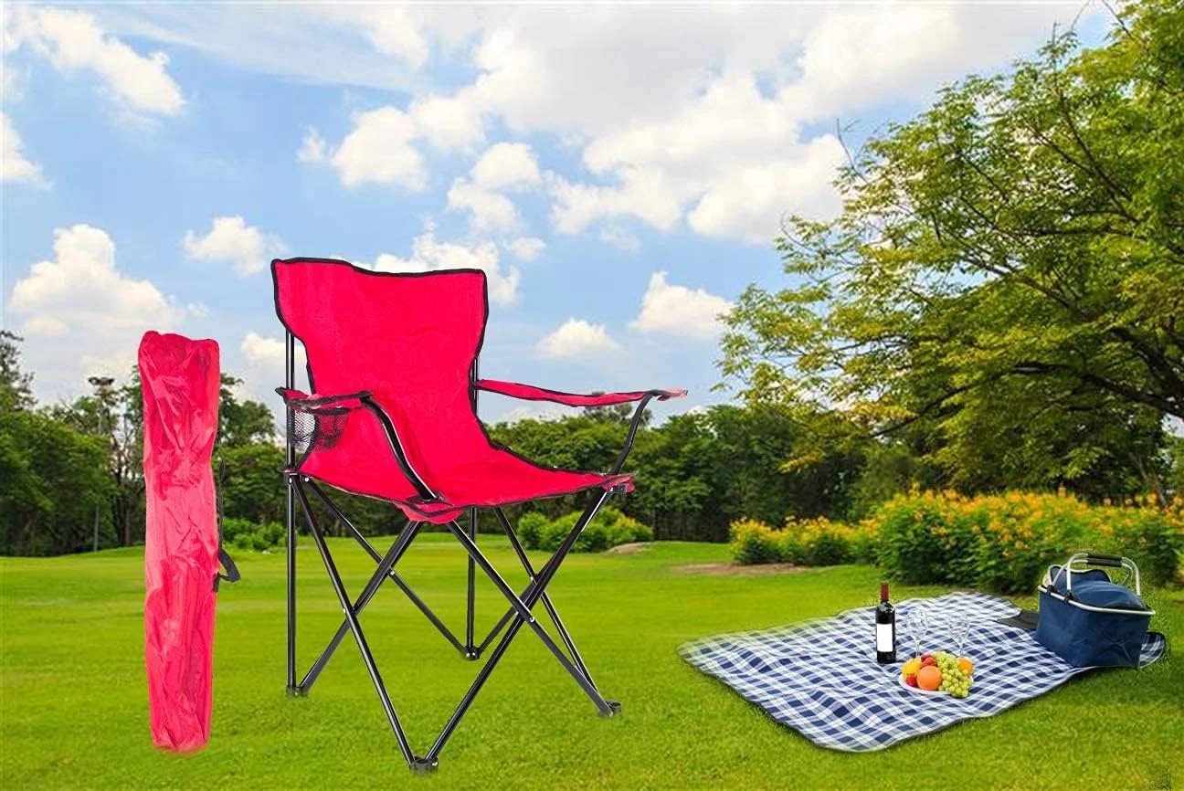 Egardenkart Camping Chair Foldable - Red, Portable Beach Chair for Adults with Armrests and Cup Holder | Foldable Chair and Carrying Bag | Lightweight Picnic Chair for Caravan Trips, BBQs, Garden