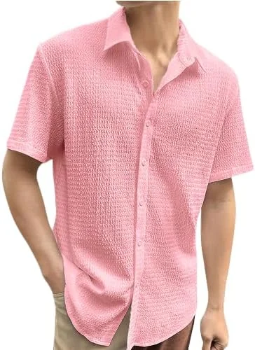 Tee Projekt Men's Popcorn Shirt Texture Pattern Men's Casual Shirt Half Sleeves Goa Beach Summer Shirt Pink