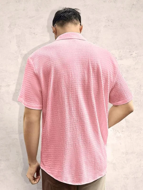 Tee Projekt Men's Popcorn Shirt Texture Pattern Men's Casual Shirt Half Sleeves Goa Beach Summer Shirt Pink Tee Projekt Men's Popcorn Shirt Texture Pattern Men's Casual Shirt Half Sleeves Goa Beach Summer Shirt Pink