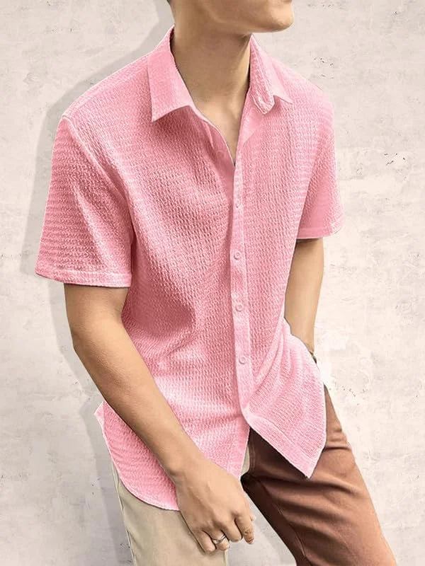 Tee Projekt Men's Popcorn Shirt Texture Pattern Men's Casual Shirt Half Sleeves Goa Beach Summer Shirt Pink Tee Projekt Men's Popcorn Shirt Texture Pattern Men's Casual Shirt Half Sleeves Goa Beach Summer Shirt Pink