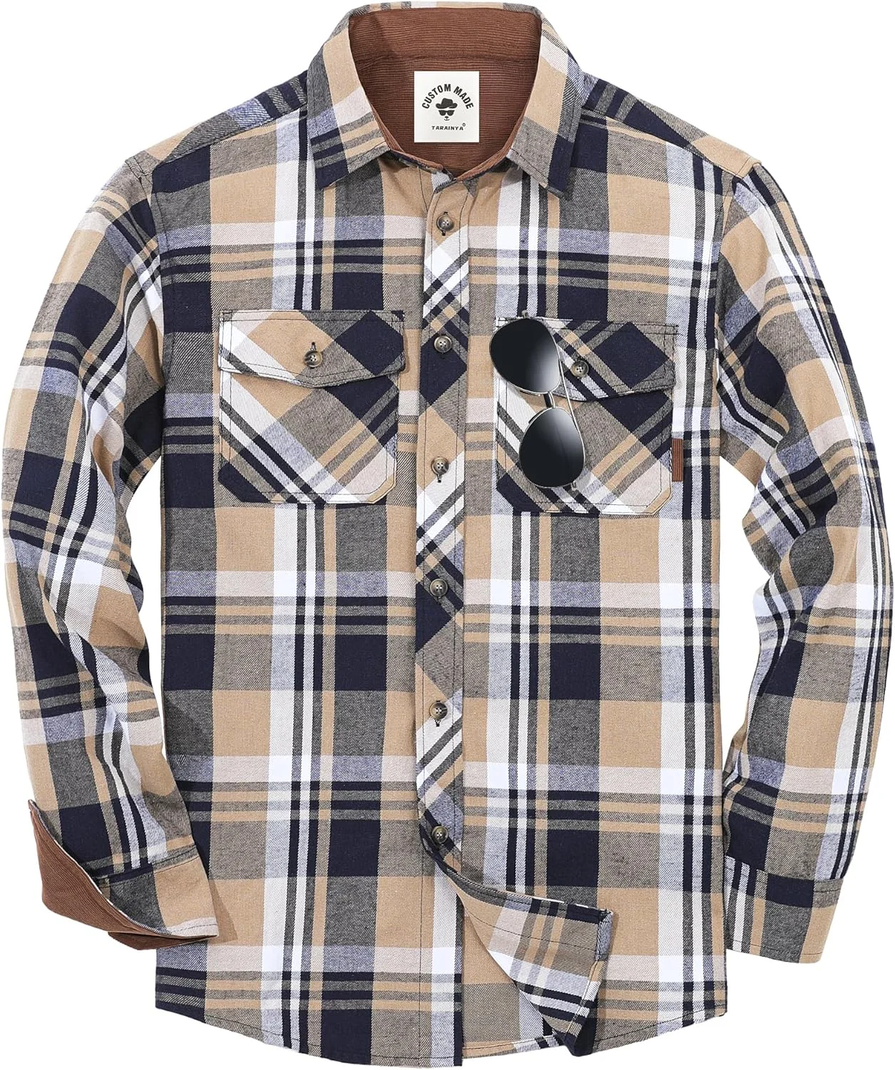 TARAINYA Flannel Shirt Men's Long Sleeve Checked Shirt Lumberjack Shirt Oktoberfest with Pocket Regular Fit Khaki Plaid XL