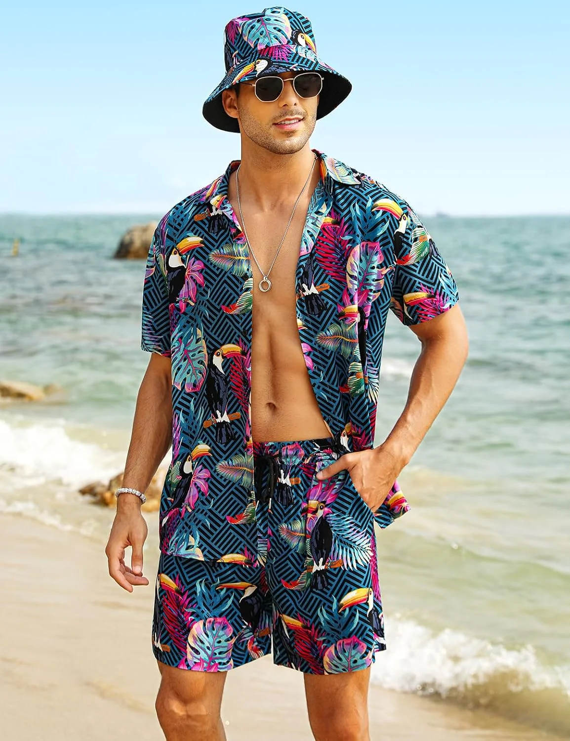 ست پیراهن آستین کوتاه و شلوارک مردانه طرح هاوایی SPKPKEY، دو تکه، پیراهن دکمه دار غیر رسمی، لباس ساحلی تابستانی به همراه کلاه، سرمه ای و طرح پرنده، سایز M