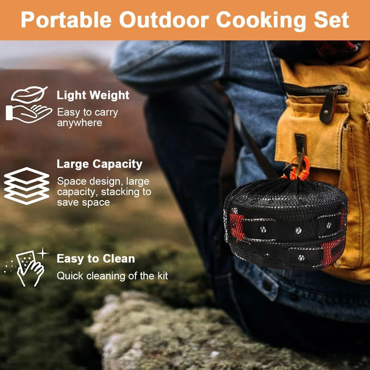 ست ظروف پخت و پز کمپینگ، 11 تکه ظروف قابل حمل برای فضای باز، مجموعه ظروف پخت و پز کمپینگ جمع و جور، سبک وزن، بادوام و نچسب برای کوله گردی، پیاده روی، پیک نیک، مسافرت با کتری، قابلمه، تابه و کاسه