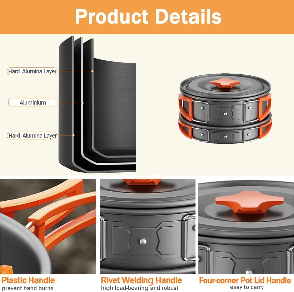ست ظروف پخت و پز کمپینگ، 11 تکه ظروف قابل حمل برای فضای باز، مجموعه ظروف پخت و پز کمپینگ جمع و جور، سبک وزن، بادوام و نچسب برای کوله گردی، پیاده روی، پیک نیک، مسافرت با کتری، قابلمه، تابه و کاسه