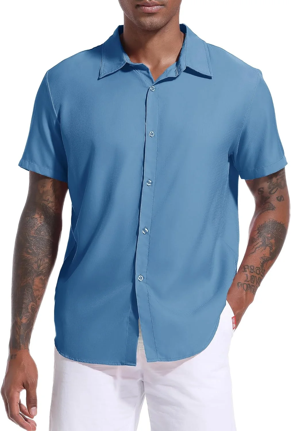 Mens Short Sleeve Button Down Shirts Wrinkle Free Shirts for Men Casual Vacation Shirt Lightweight Summer Beach Shirt Blue-S